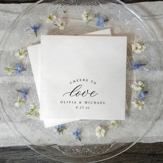 Elegant Cheers to Love Old Money Classic Wedding Napkin (Black and white wedding cocktail napkins with cheers to love in elegant calligraphy)