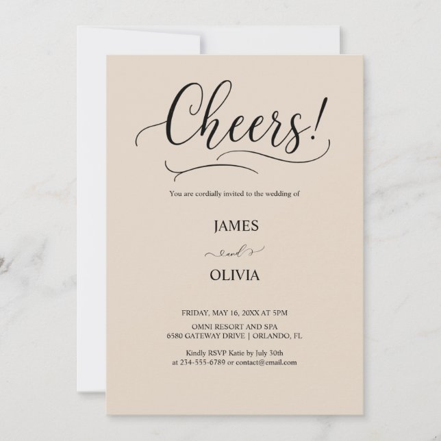 Elegant Cheers! Warm Beige Modern Script Wedding  Invitation (Front)