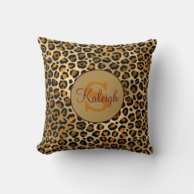 Elegant  Cheetah/Leopard Print Monogram Name Cushion (Front)