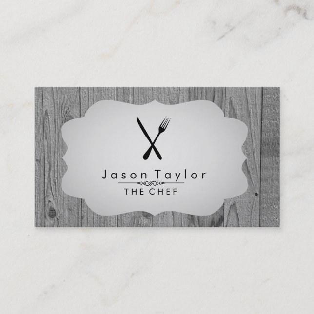 Elegant Chef Catering Retro Knife Fork Wood Grey Business Card (Front)