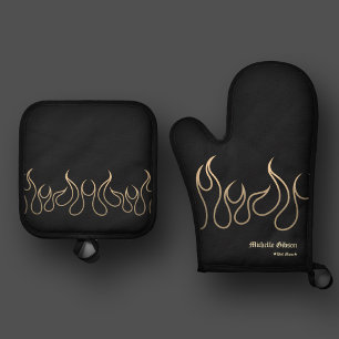 Elegant Chef Mum Flame Fire Black Gold Kitchen Oven Mitt & Pot Holder Set
