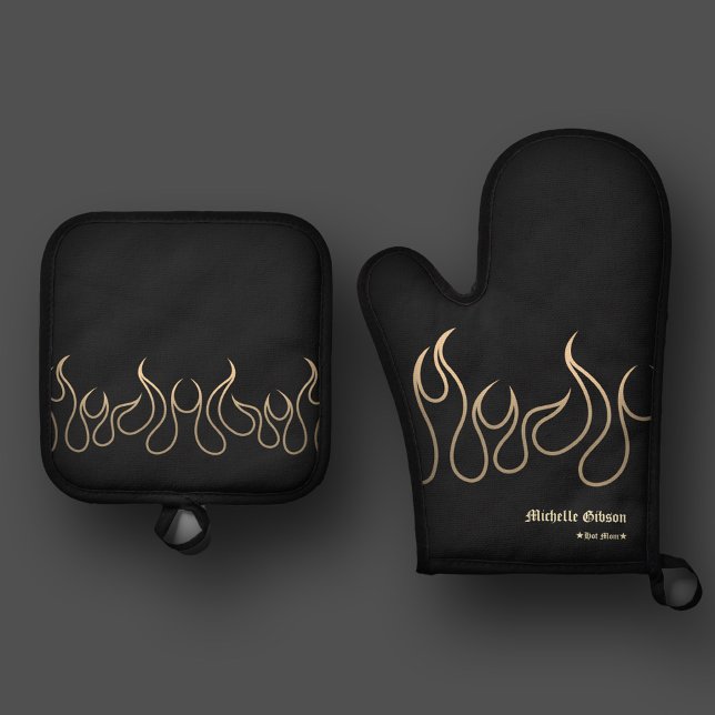 Elegant Chef Mum Flame Fire Black Gold Kitchen Oven Mitt & Pot Holder Set (Creator Uploaded)