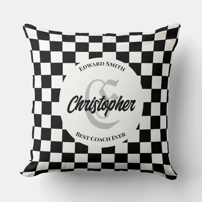 Elegant Chequered Black and White Coach Cushion (Front)