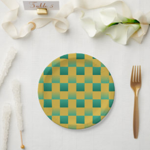 Elegant chequered pattern in green and gold  paper plate