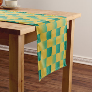 Elegant chequered pattern in green and gold short table runner