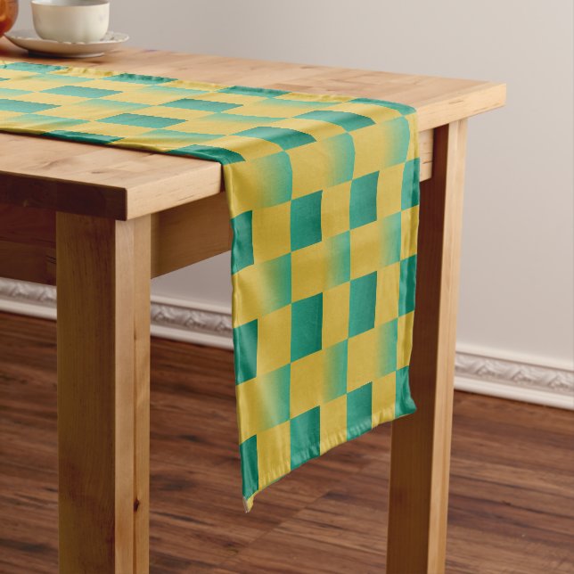 Elegant chequered pattern in green and gold  short table runner (In Situ)
