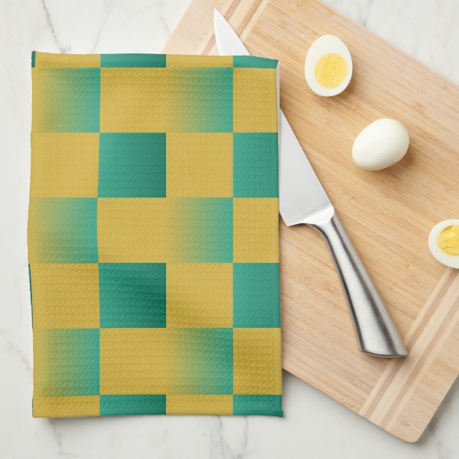 Elegant chequered pattern in green and gold  tea towel (Quarter Fold)