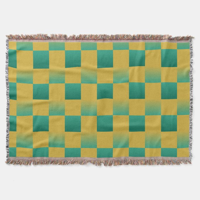 Elegant chequered pattern in green and gold  throw blanket (Front)