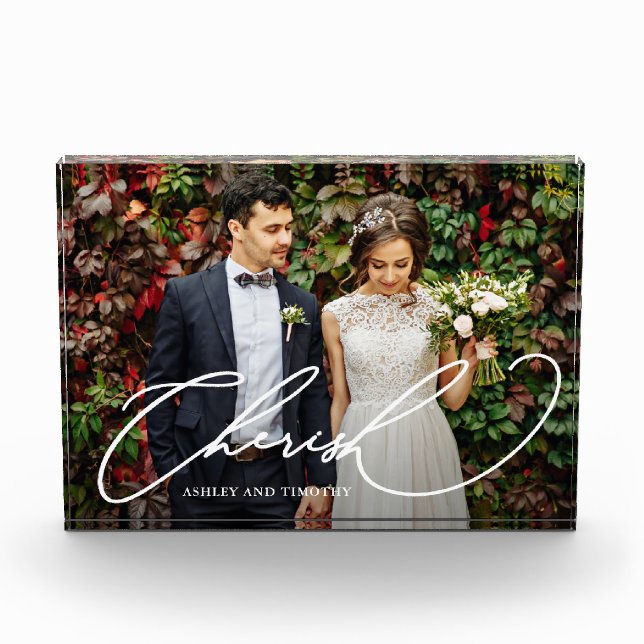 Elegant Cherish Script with Names Photo Block (Front)