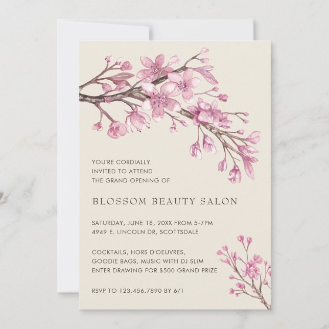 Elegant Cherry Blossom Beauty Salon Grand Opening Invitation (Front)