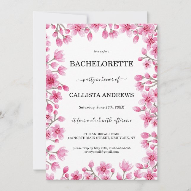 Elegant Cherry Blossom Floral Border Bachelorette Invitation (Front)