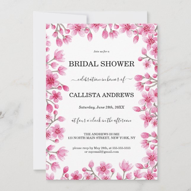 Elegant Cherry Blossom Floral Border Bridal Shower Invitation (Front)