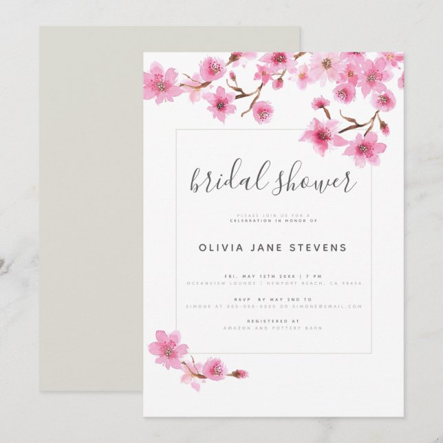 Elegant Cherry Blossom Floral Frame Bridal Shower Invitation (Front/Back)
