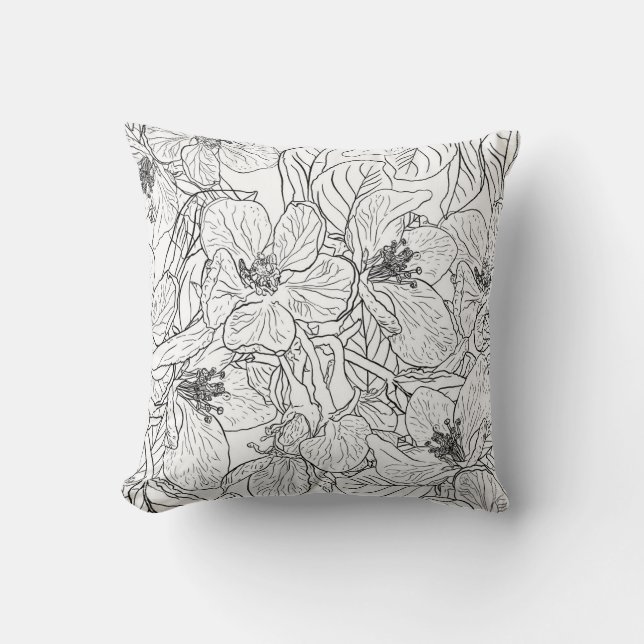 Elegant Cherry Blossom Flowers Black White Botanic Cushion (Front)