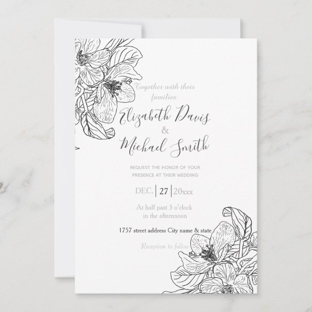 Elegant Cherry Blossom Flowers Black White Botanic Invitation (Front)