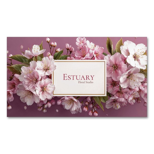 Elegant Cherry Blossom Garland Mauve Magnetic Business Card (Front)