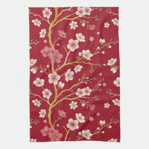 Elegant Cherry Blossom Gold Branch Tea Towel