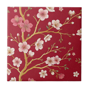 Elegant Cherry Blossom Gold Branch Tile