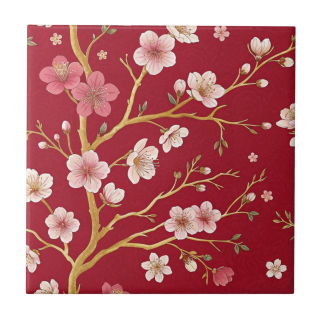 Elegant Cherry Blossom Gold Branch Tile (Front)