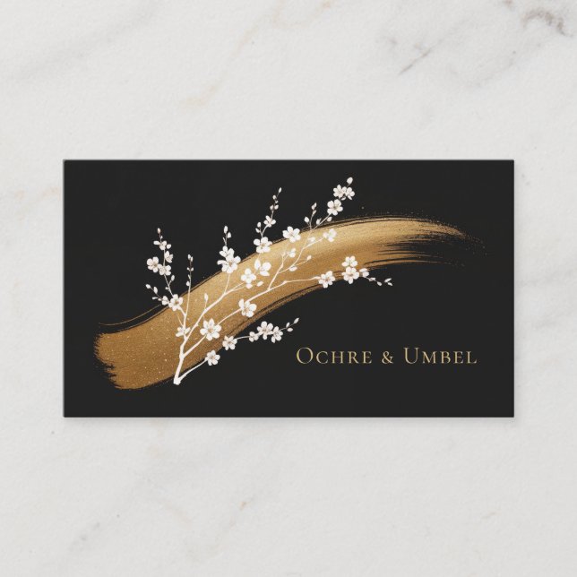 Elegant Cherry Blossom Gold Brush Stroke Black Business Card (Front)
