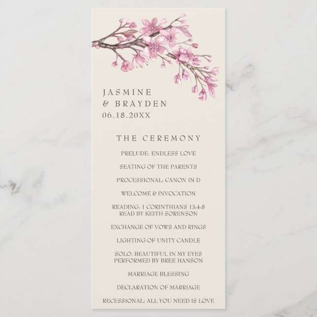 Elegant Cherry Blossom Pink Floral Wedding Programme (Front)