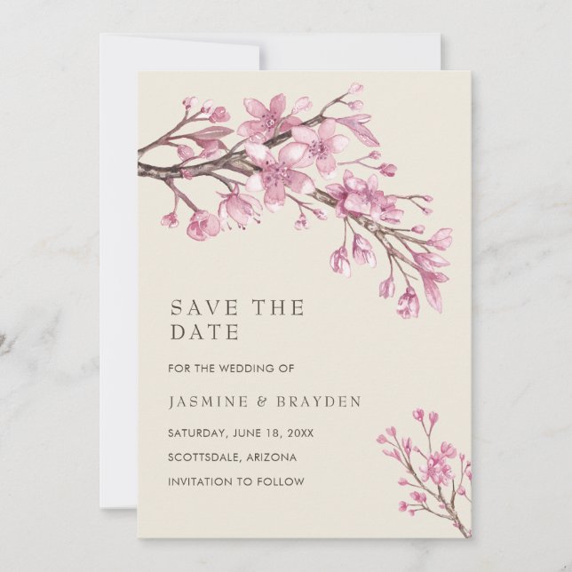 Elegant Cherry Blossom Pink Floral Wedding Save The Date (Front)