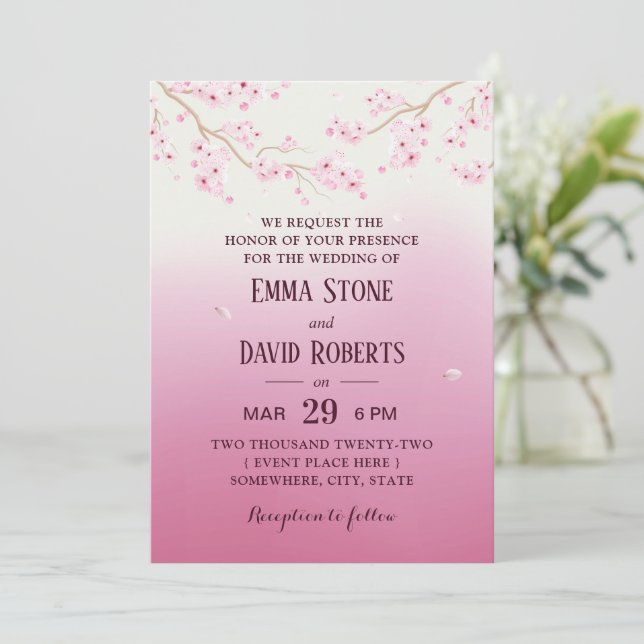 Elegant Cherry Blossom Pink Ombre Floral Wedding Invitation (Standing Front)