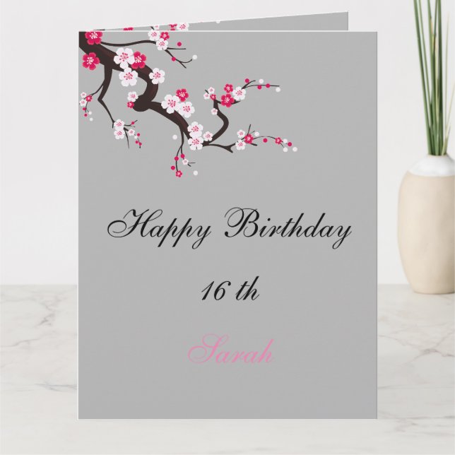 Elegant Cherry Blossom Pink White floral Birthday Card (Front)