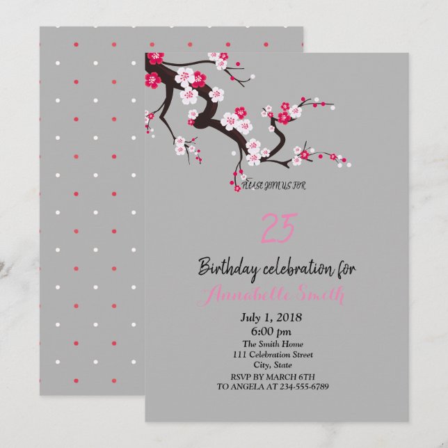 Elegant Cherry Blossom Pink White floral Birthday Invitation (Front/Back)