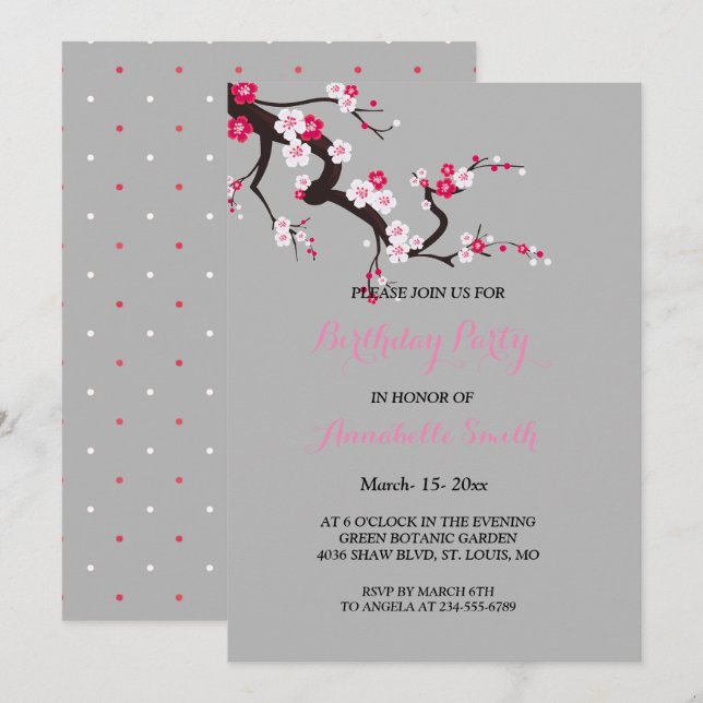 Elegant Cherry Blossom Pink White floral Birthday Invitation (Front/Back)