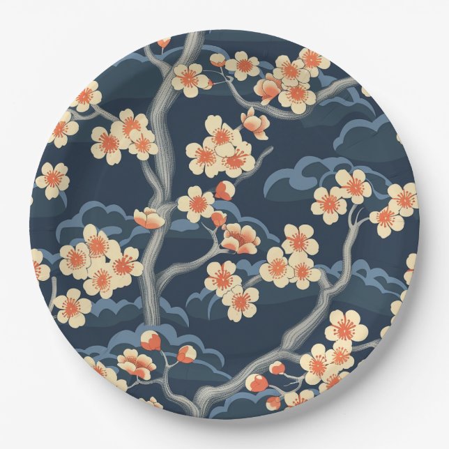 Elegant Cherry Blossom Seamless Pattern (11) Paper Plate (Front)