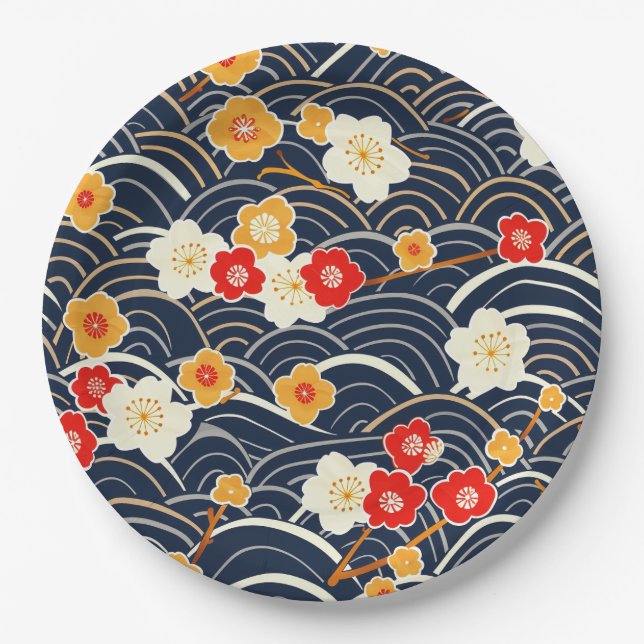 Elegant Cherry Blossom Seamless Pattern (12) Paper Plate (Front)