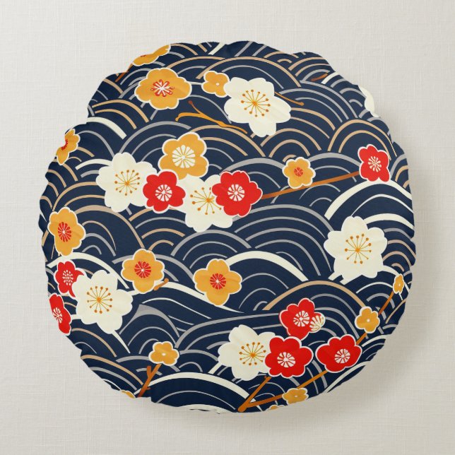 Elegant Cherry Blossom Seamless Pattern (12) Round Cushion (Front)