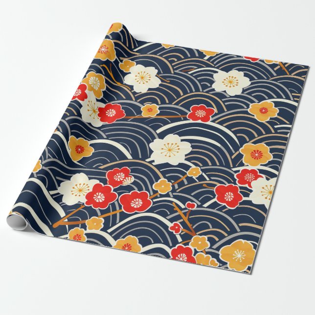 Elegant Cherry Blossom Seamless Pattern (12) Wrapping Paper (Unrolled)