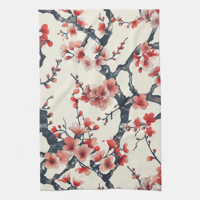 Elegant Cherry Blossom Seamless Pattern (13) Tea Towel (Vertical)