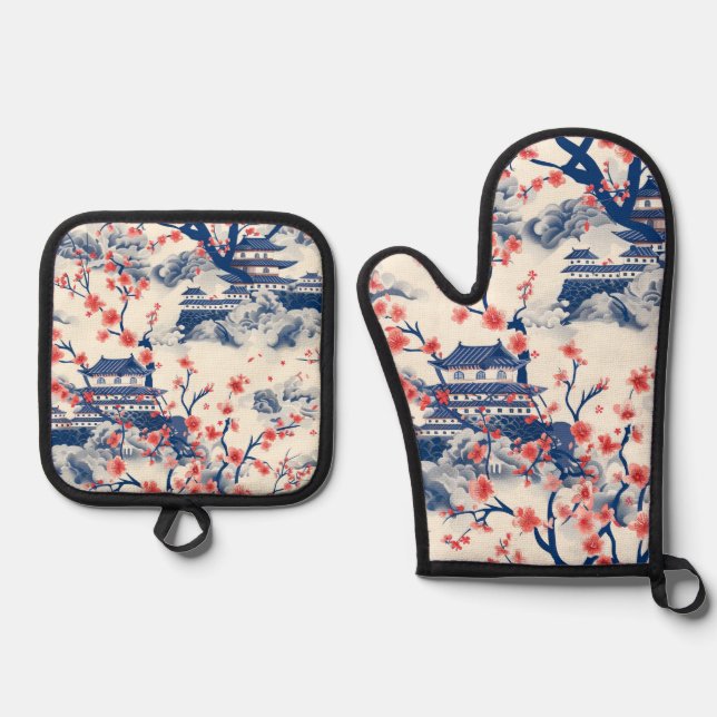 Elegant Cherry Blossom Seamless Pattern (15) Oven Mitt & Pot Holder Set (Front)