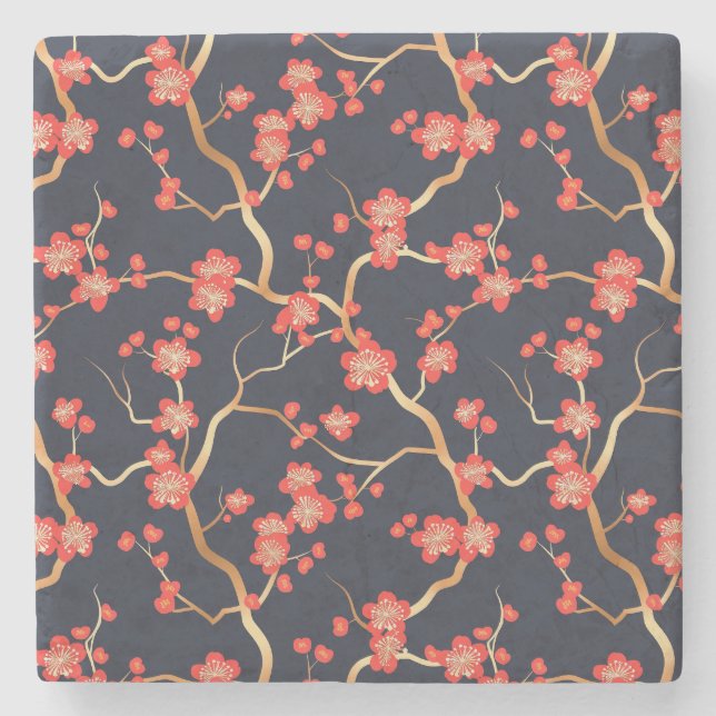 Elegant Cherry Blossom Seamless Pattern (3) Stone Coaster (Front)