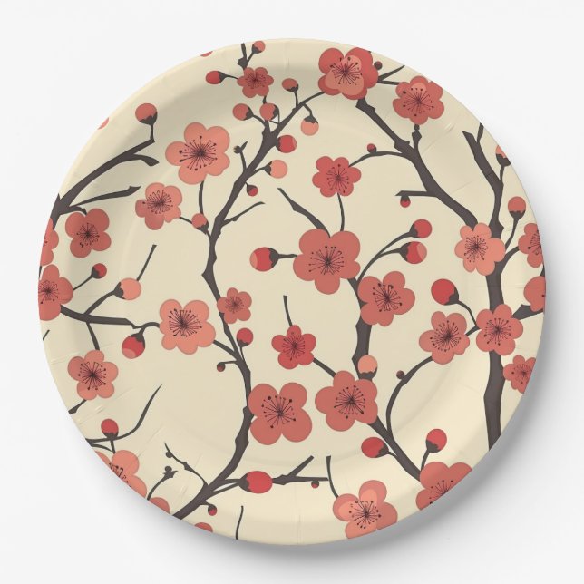 Elegant Cherry Blossom Seamless Pattern (4) Paper Plate (Front)
