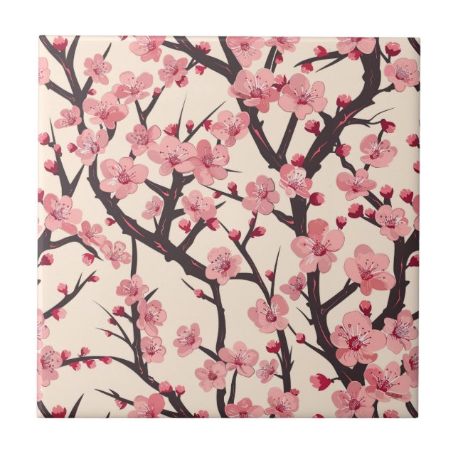 Elegant Cherry Blossom Seamless Pattern (6) Tile (Front)