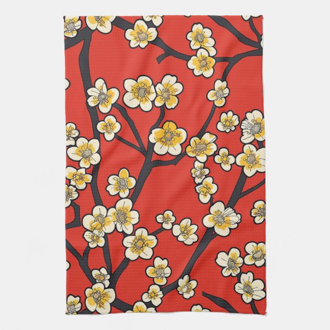 Elegant Cherry Blossom Seamless Pattern (9) Tea Towel (Vertical)