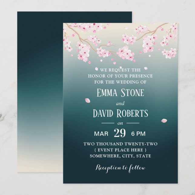 Elegant Cherry Blossom Teal Ombre Floral Wedding  Invitation (Front/Back)