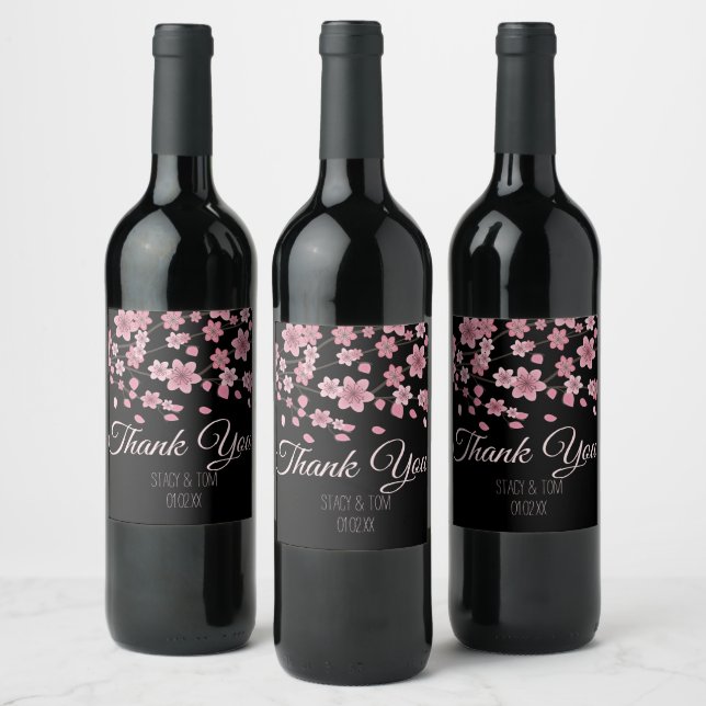 Elegant Cherry Blossom Tree Petals Black Wedding Wine Label (Bottles)