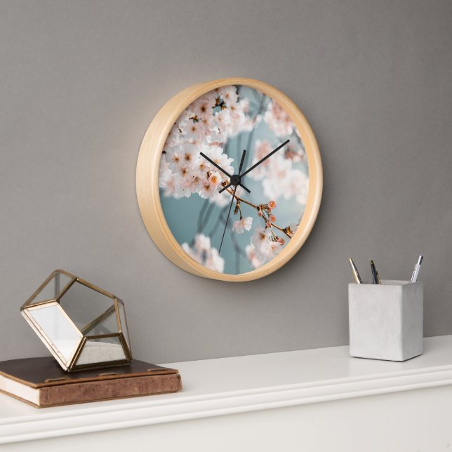 Elegant Cherry Blossom Wall Clock with Natural Woo (Office)