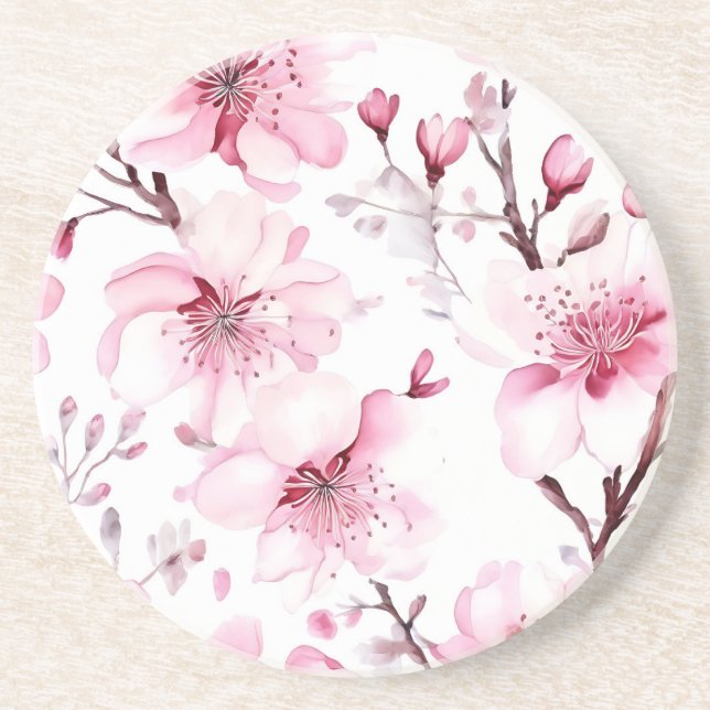 Elegant Cherry Blossom Watercolor Pattern Coaster (Front)