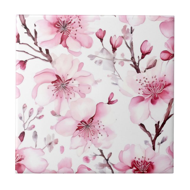 Elegant Cherry Blossom Watercolor Pattern Tile (Front)