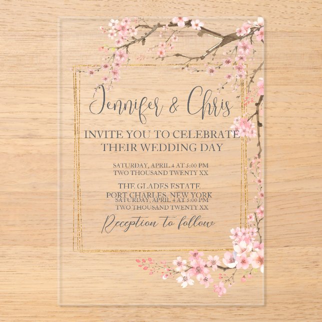 Elegant Cherry Blossom Wedding Acrylic Invitations (Front)