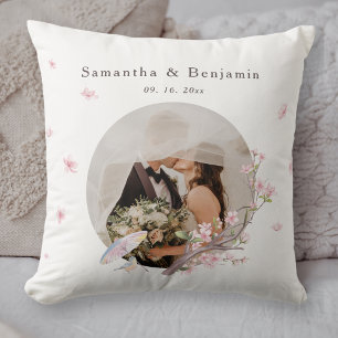 Elegant Cherry Blossom Wedding Photo Cushion