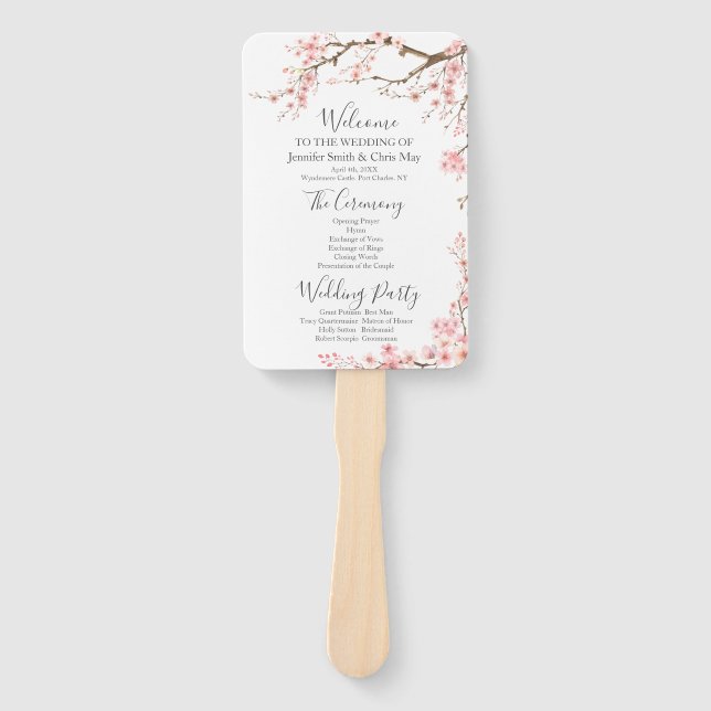 Elegant Cherry Blossom Wedding Program Hand Fan (Front)