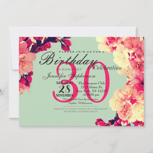 Elegant Cherry Blossoms on Rustic Teal Invitation (Front)