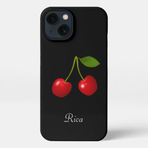 Elegant Cherry Fruits & Name on Black iPhone 13 Case